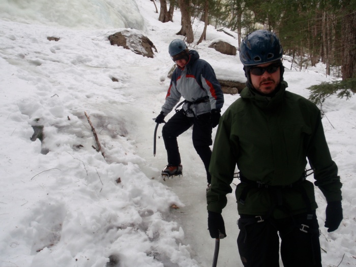 Instruction starts with learning how to walk with crampons on...